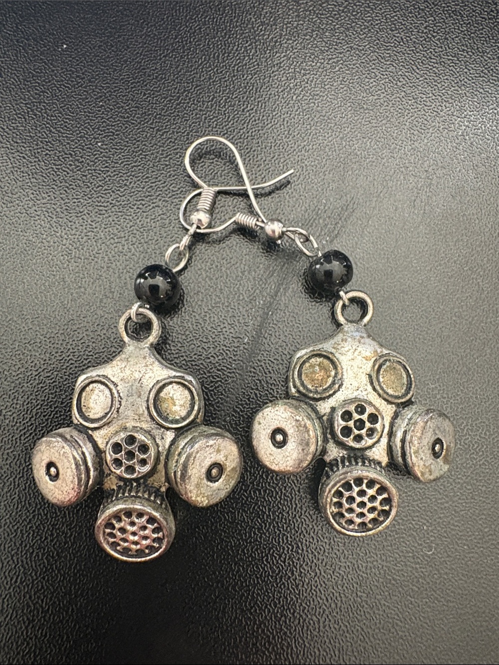 Silver Gas Mask Dangle Earrings with Black Beads